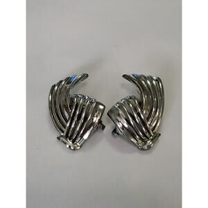 Vintage Coro Signed Clip On Earrings Mid Century Fan Wing Design Silver Tone